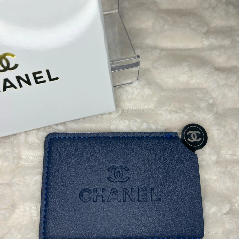 CHANEL Navy Mirror & Card Holder with Embossed Logo